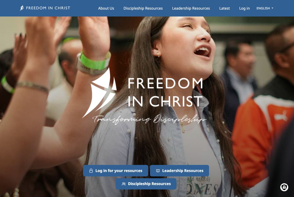 Freedom In Christ home page with the top menu and the Log in for your resources button