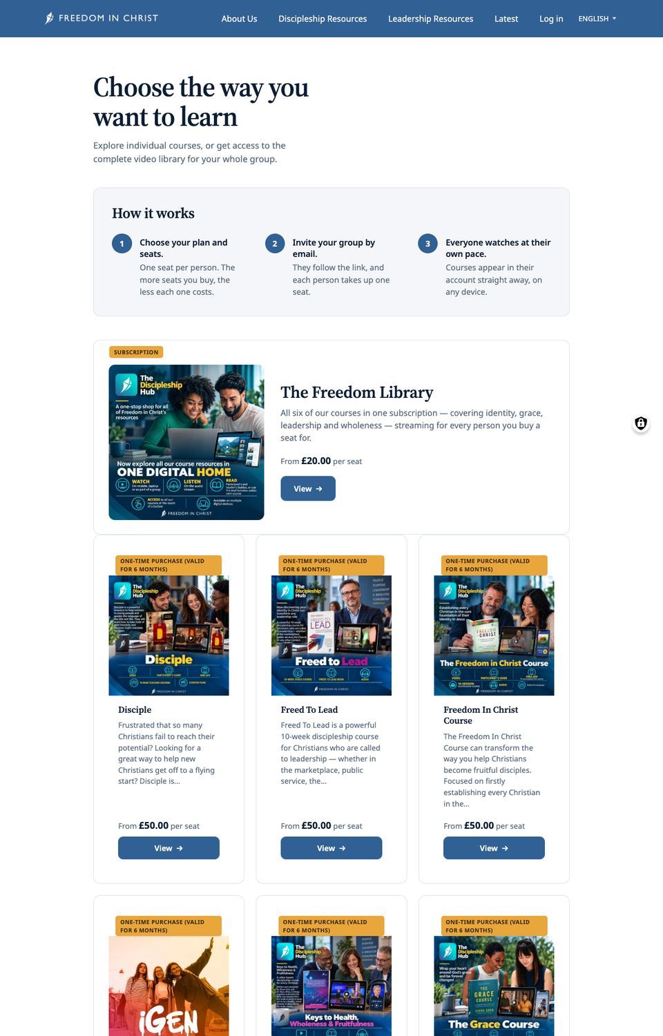 Products page: the Freedom Library subscription card above cards for each single course