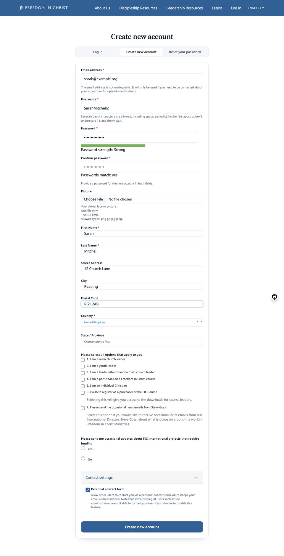 The Create new account form filled in for Sarah Mitchell