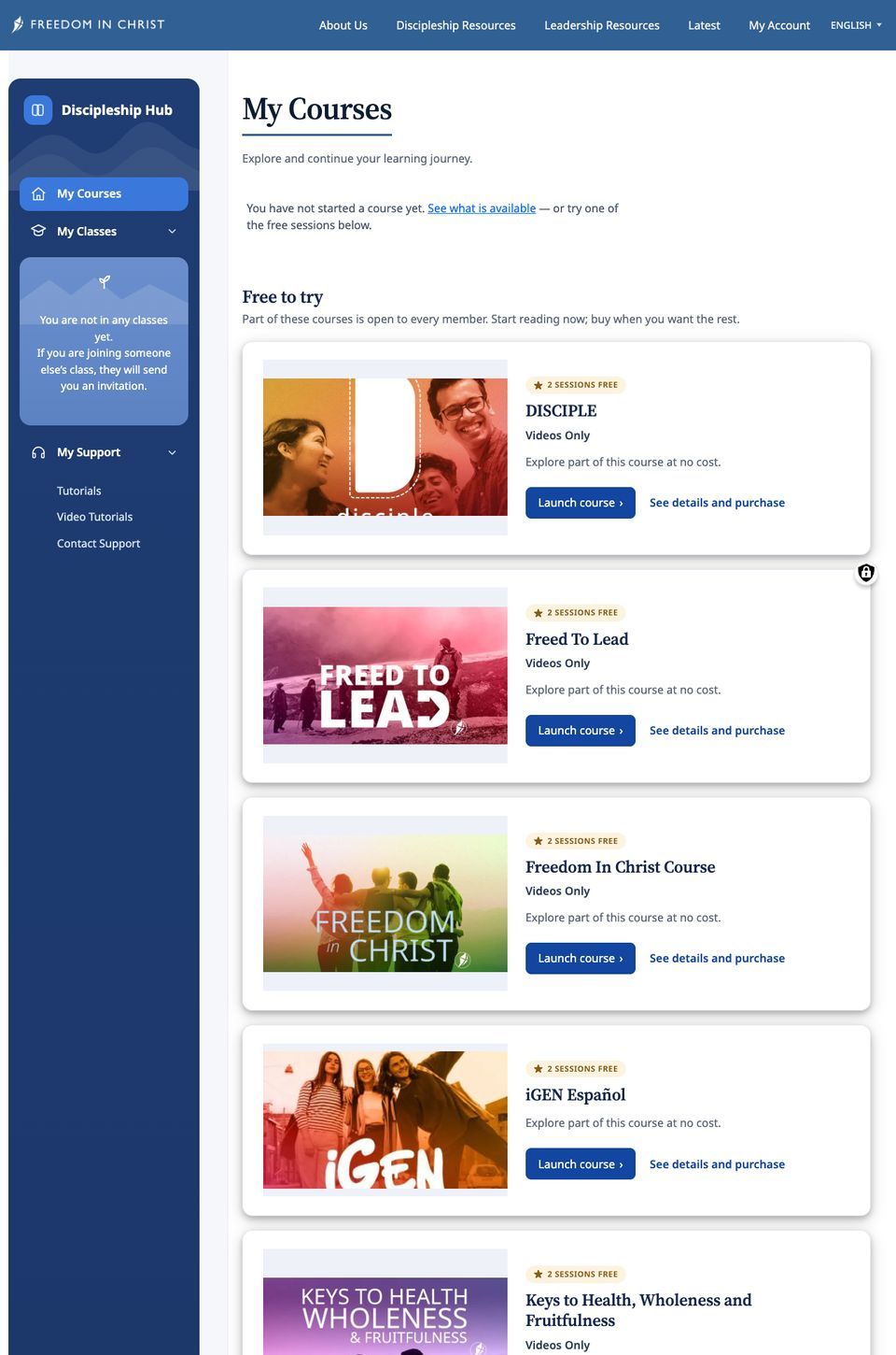 My Courses for a new account, listing each course under Free to try with a 2 sessions free badge
