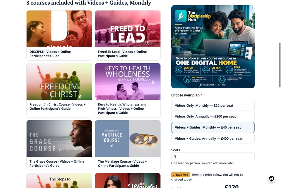 Videos + Guides, Monthly selected at £40 per seat, with 3 seats and a 7 days free badge
