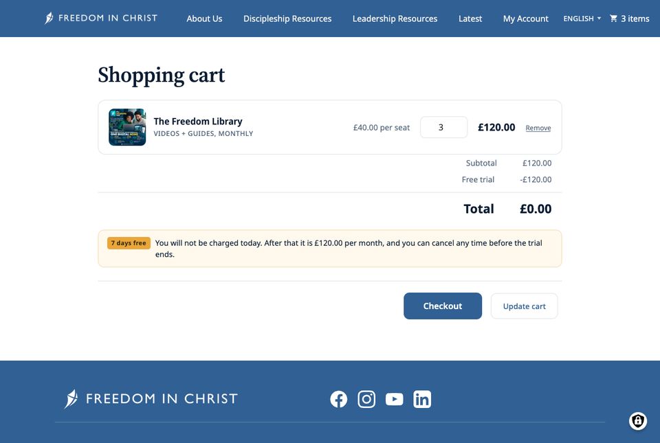 Shopping cart with The Freedom Library, Videos + Guides, Monthly, 3 seats at £40 each, £120 total