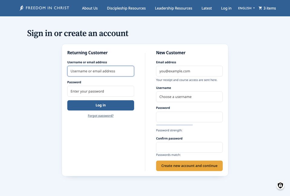 Sign in or create an account, with Returning Customer and New Customer side by side