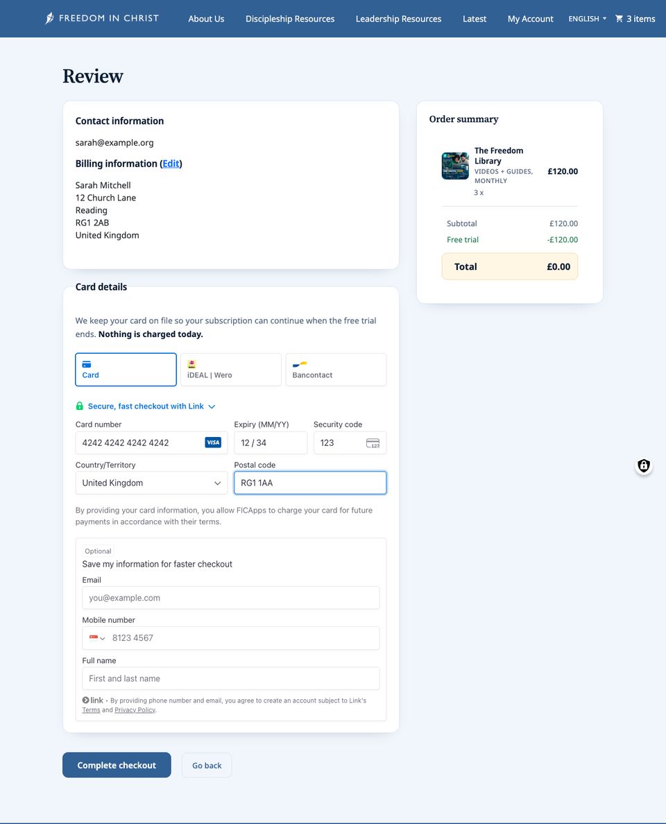 Review page with billing details, the card form and an order summary showing a free trial and a total of £0.00
