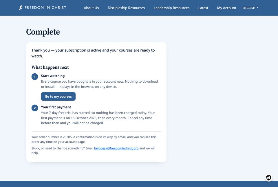 Complete page: your subscription is active, start watching, first payment on 15 October 2026