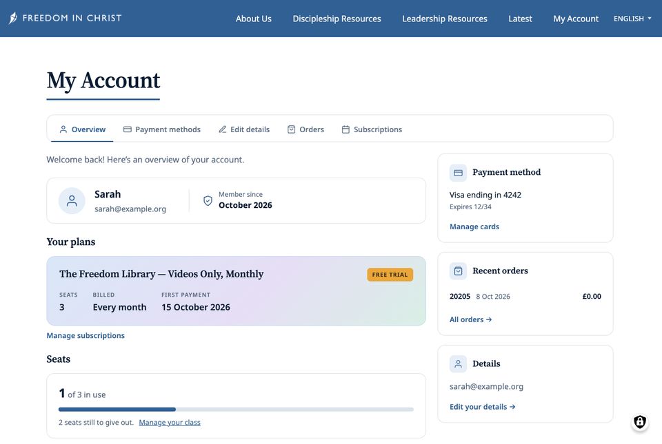 My Account overview showing The Freedom Library plan on free trial, 3 seats, and 1 of 3 seats in use