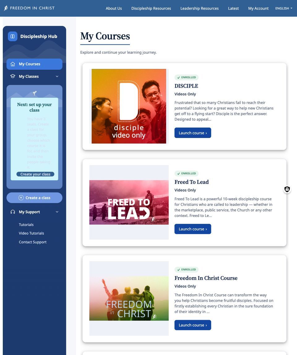 My Courses listing enrolled courses, each with a Launch course button