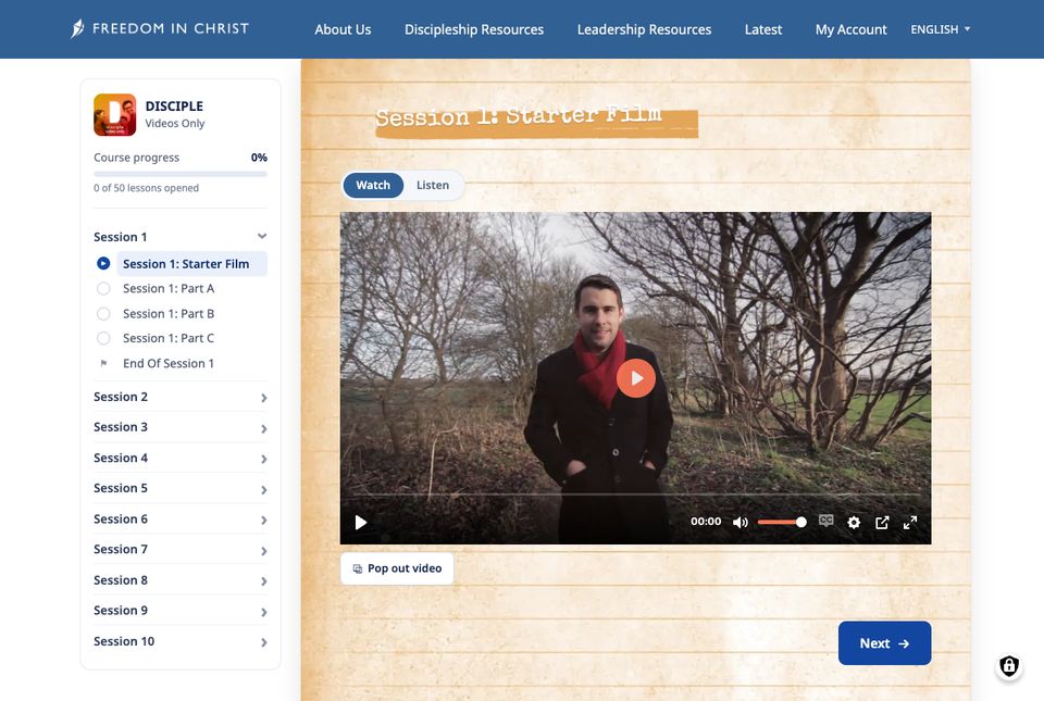 A DISCIPLE lesson: course outline and progress on the left, video with Watch and Listen tabs, Pop out video and Next buttons