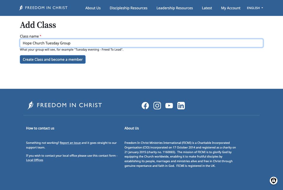 Add Class form with the class name Hope Church Tuesday Group