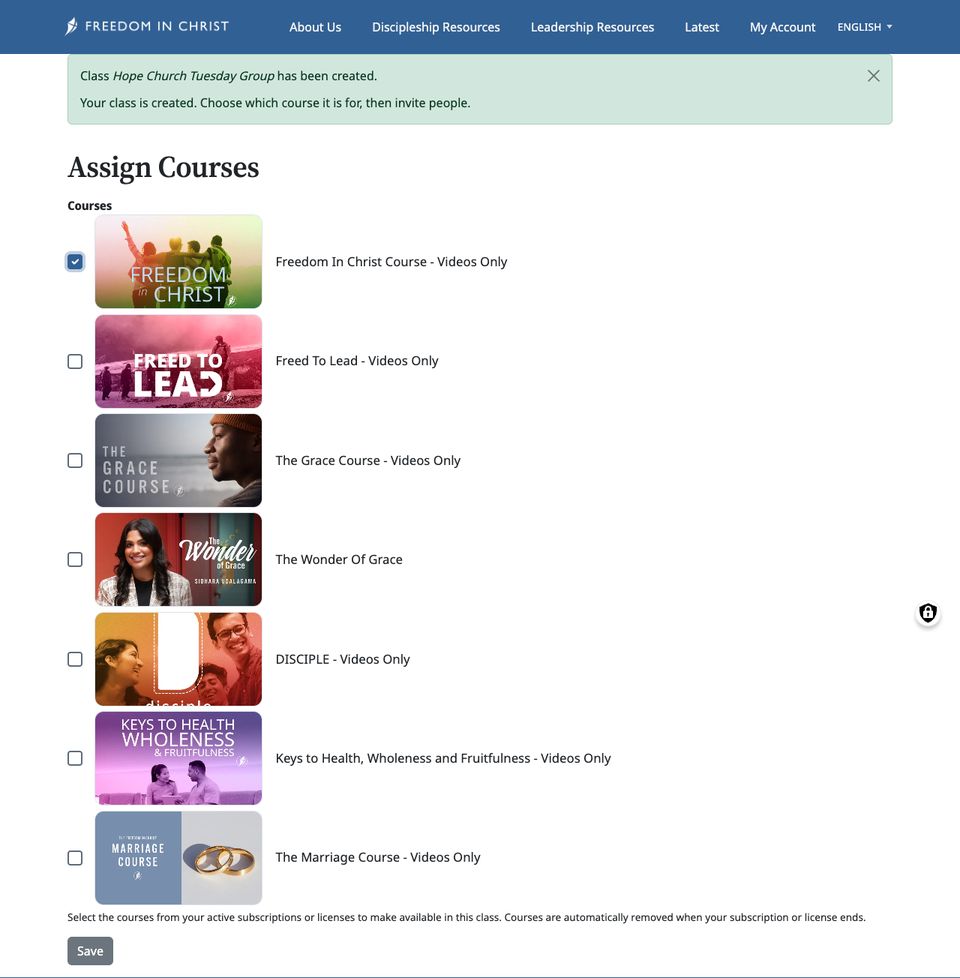 Assign Courses, with Freedom In Christ Course - Videos Only ticked