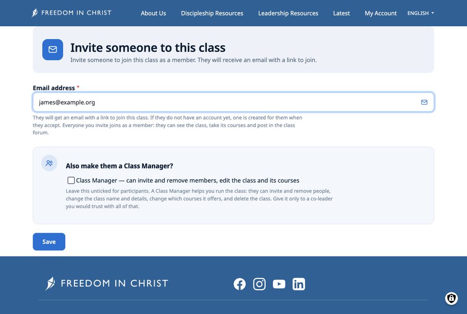 Invite someone to this class: email address field and the Class Manager option