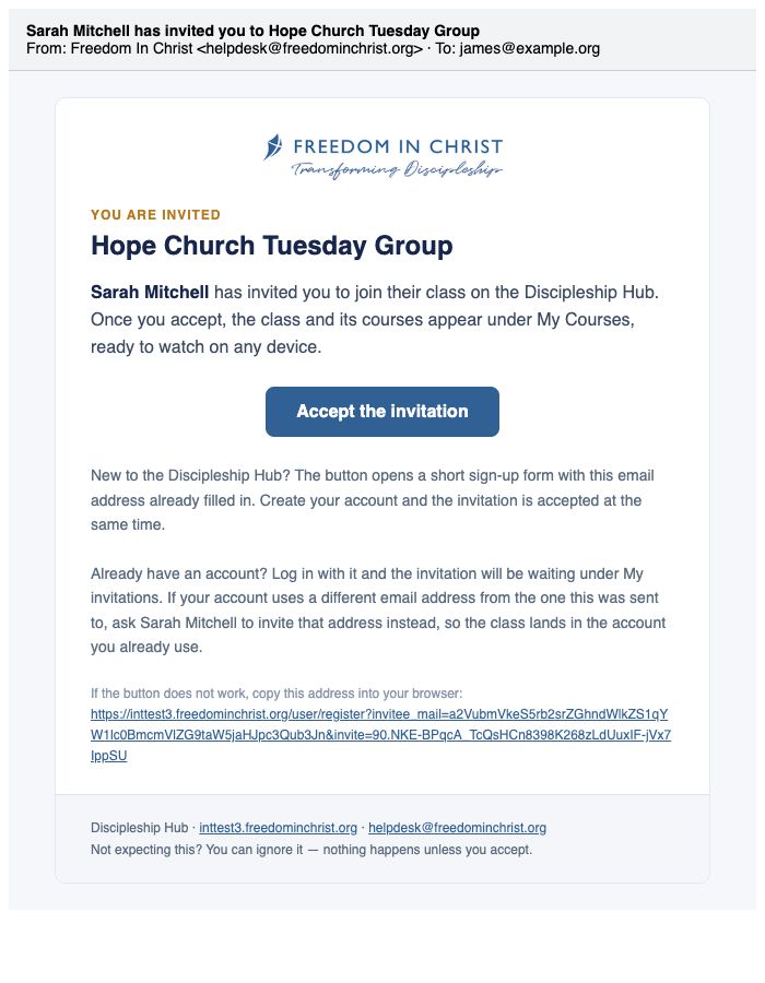 Invitation email: Sarah Mitchell has invited you to Hope Church Tuesday Group, with an Accept the invitation button
