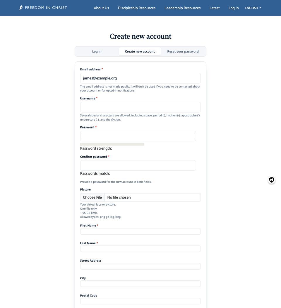 Create new account form with james@example.org already filled in