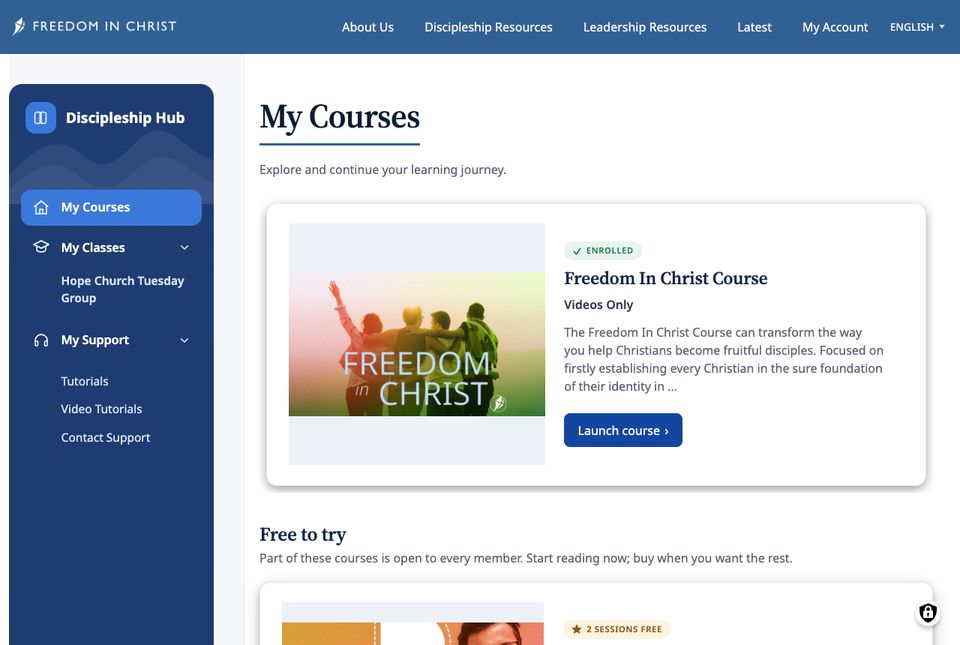 My Courses for James showing the Freedom In Christ Course as enrolled