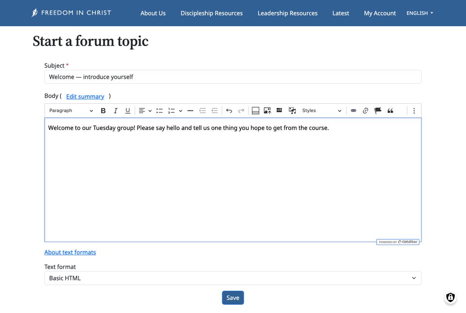 Start a forum topic form with a subject and a welcome message
