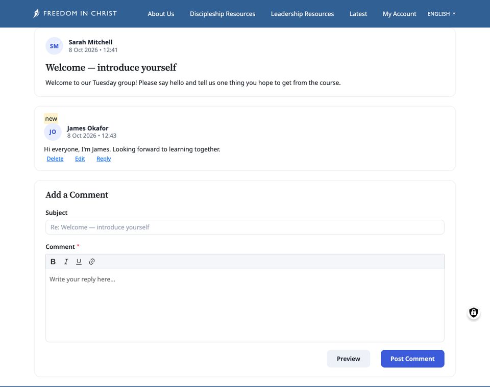 A forum topic from Sarah with a reply from James, and the reply box with Preview and Post Comment buttons