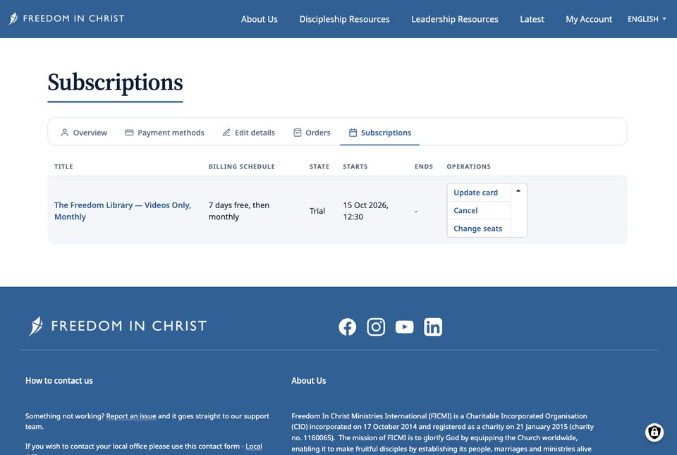 Subscriptions tab with the actions menu open: Update card, Cancel, Change seats