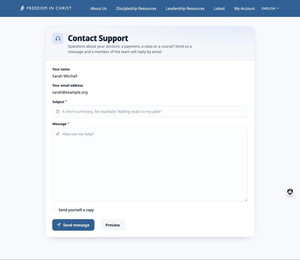 Contact Support form with a header band, subject and message fields