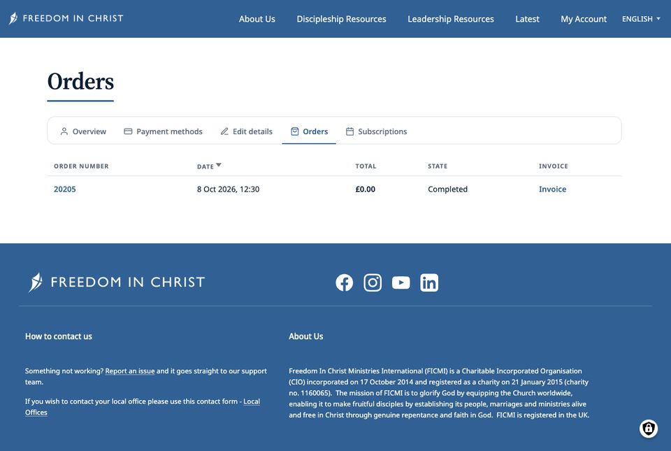 Orders tab listing order 20205 with an Invoice link
